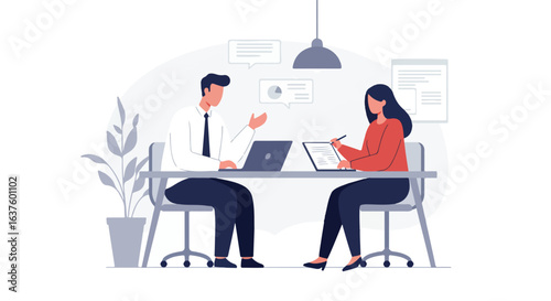Flat design, two colleagues review document with laptop. Desk with plant, neutral shades