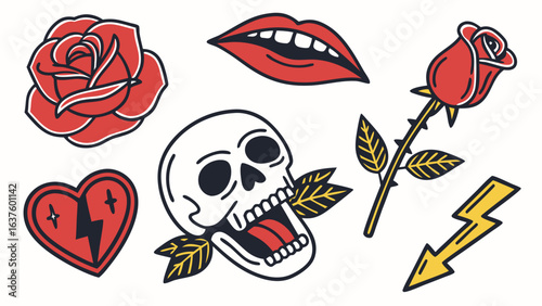 Vintage Tattoo Design Set of Rose Skull Lips Heart and Lightning.
