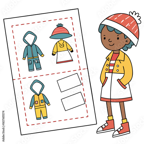 Dress-up Fun: A smiling child with a mix-and-match fashion set, featuring a paper doll style, is ready to experiment with style, creativity and dress up