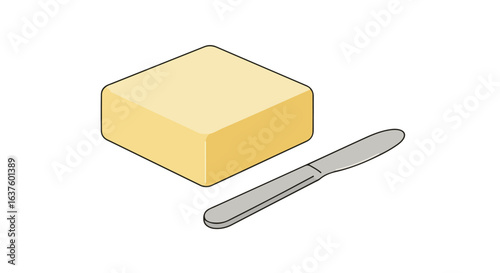 Block of butter with a knife shown on white background in isometric style