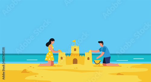 Building A Sandcastle Couple works on a sandcastle at the beach on a summer day