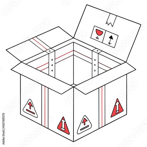 Open Package Icon: A detailed graphic presents an open package with clear indications of fragility and directional handling, emphasizing safety in transit.
