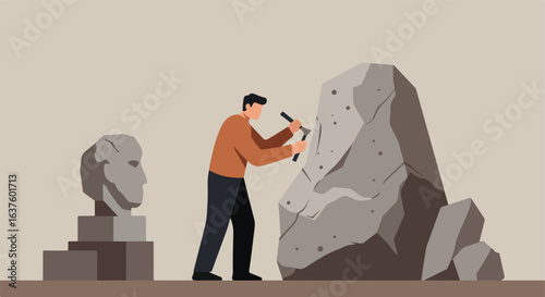 Man sculpts the massive rock with hammer to create the detailed stone head art