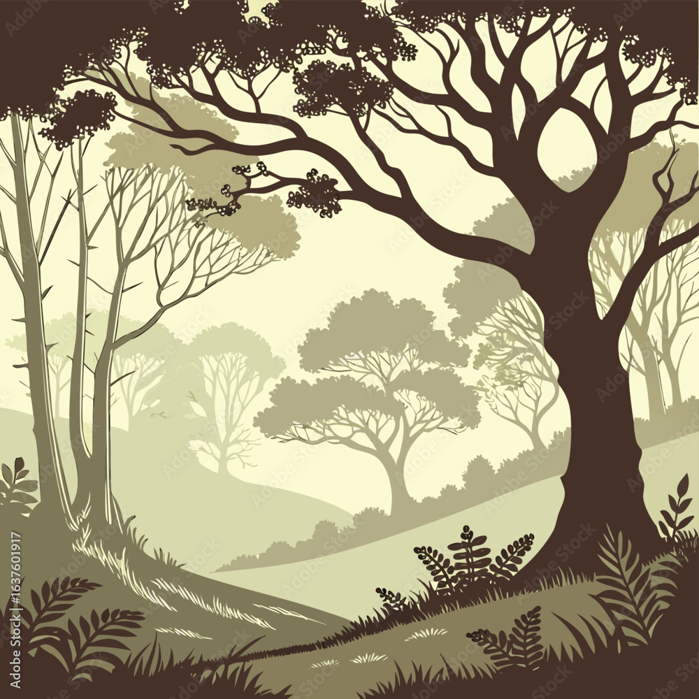 Fototapeta premium Shade Forest: An illustration of a serene forest path, with intricate trees silhouetted against the backdrop, offering a sense of calmness and tranquility. 