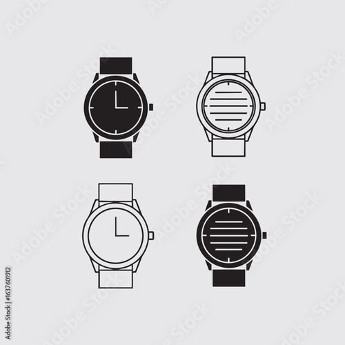 Set of four minimalist wristwatch icons. A collection of flat and outline watch symbols for time concept graphic design.