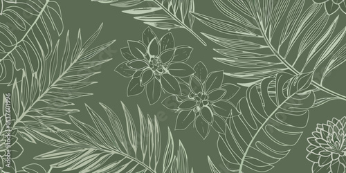 Elegant botanical line art pattern with palm leaves and flowers on a sage green background