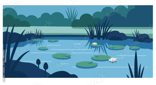 Tranquil pond Lily pads float on water with foliage around the serene, blue scenery