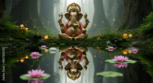 Fototapeta Naklejka Na Ścianę i Meble -  Ganesha statue meditating by tranquil water with glowing mushrooms