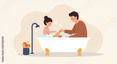 Bath Time Fun Child playing with toy boat with parent in bathtub filled with bubbles