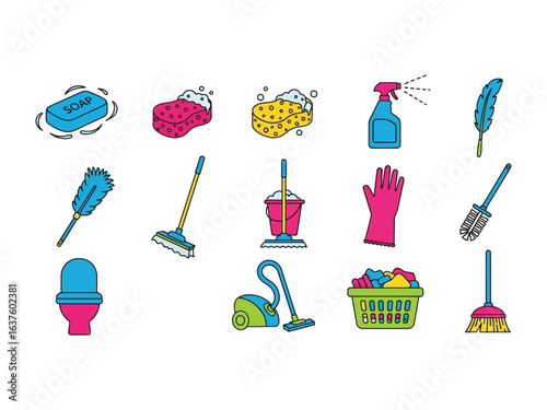 Cleaning Tools: An array of various tools, a colorful collection of cleaning essentials for a clean and tidy home. Showcasing the tools needed to help with your cleaning requirements