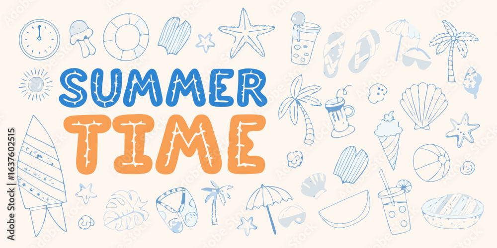 Fototapeta premium Summer time doodle collection with beach and tropical elements