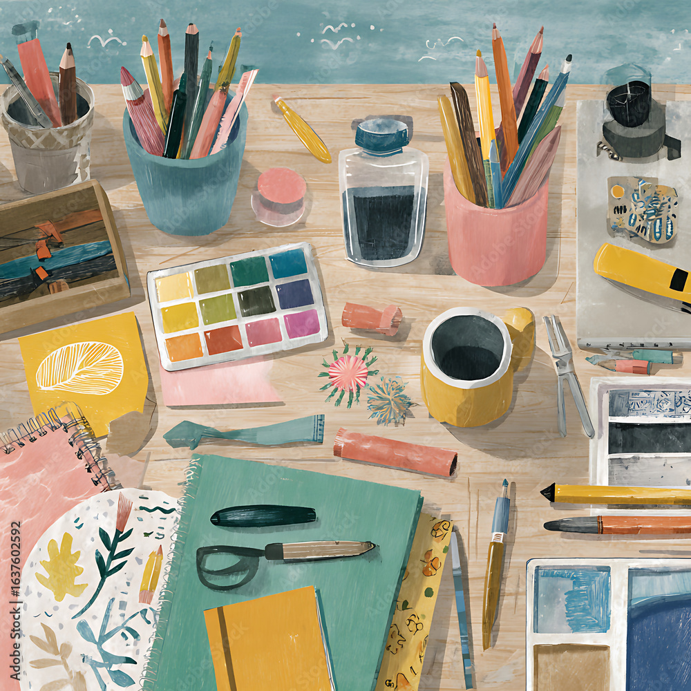 Fototapeta premium Artist's Workspace with Art Supplies and Sketchbooks on Wooden Table artist supplies artwork