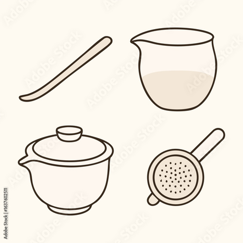 Minimal Teaware Tools, Spoon, Mixing Pitcher, Lidded Pot, Fine Mesh Strainer