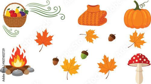 Autumn, fall icons, seasonal elements, 8 eps illustrations