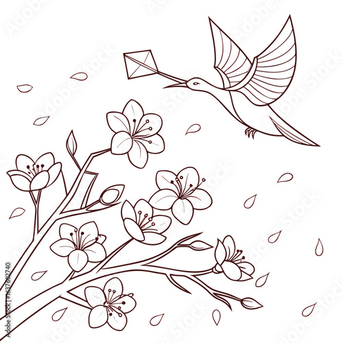 Kite Messenger in Blossom: A charming bird with a delicate kite delivers joy through the air, amidst blooming flowers and gentle petals, evoking springtime freshness and whimsical wonder.