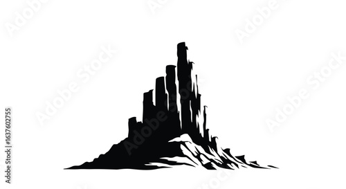 Jagged peaks pierce upward into the blank sky, stone ridge at the mountain's base