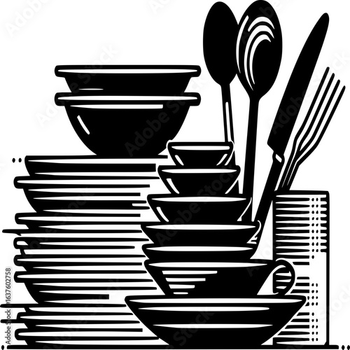 Dining Essentials: A striking black and white illustration presents a comprehensive arrangement of dining essentials, from plates and bowls to cutlery and cups, perfect for visual branding. 