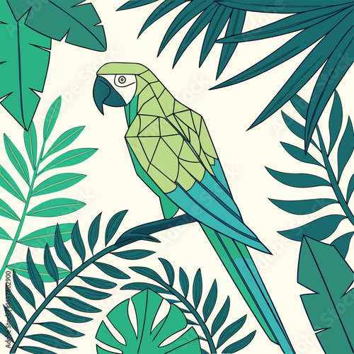 Vibrant Parrot in Jungle: A stunning, geometric parrot perches amidst lush tropical foliage, its colorful plumage harmonizing with the emerald leaves.