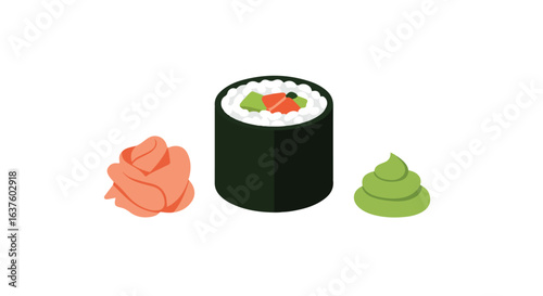 Sushi Set Rice, seaweed, raw fish, ginger, and wasabi on an isolated white background