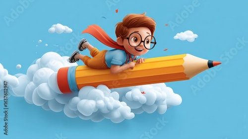 Kid flying on a pencil banner