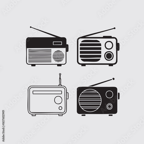 Collection of four vintage radio illustrations in silhouette and outline styles. Retro broadcast communication technology icons set.