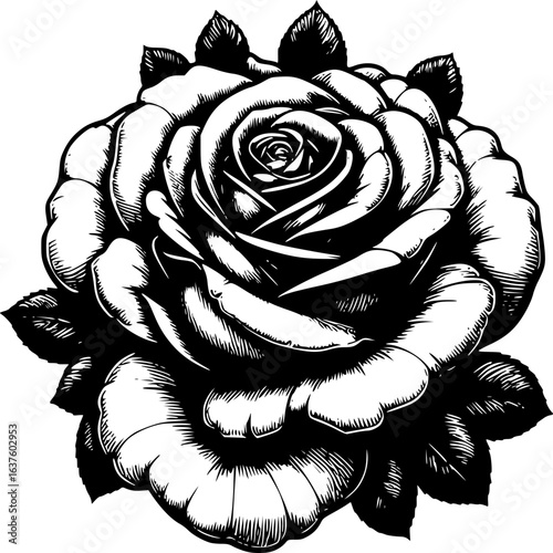 Ink Blossom: An exquisite black and white illustration of a rose, its delicate petals meticulously inked to reveal every curve and shadow, evoking a sense of timeless beauty and elegance.
