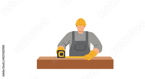 Construction worker with hard hat measuring wood with tape measure
