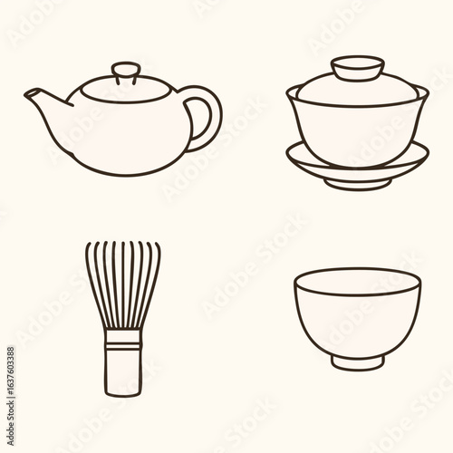 Tea Ceremony Essentials, Teapot, Gaiwan, Bamboo Whisk, and Bowl (Line Art)