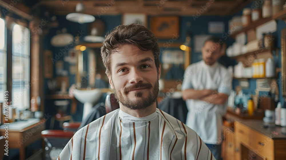 Obraz premium Young man smiling in barbershop portrait