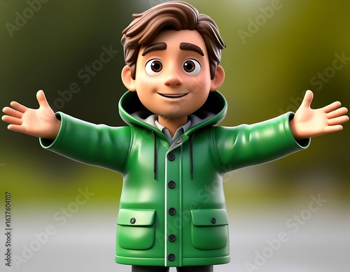 a man in a green jacket on a green background, arms outstretched, brown hair, cartoon, 3d,