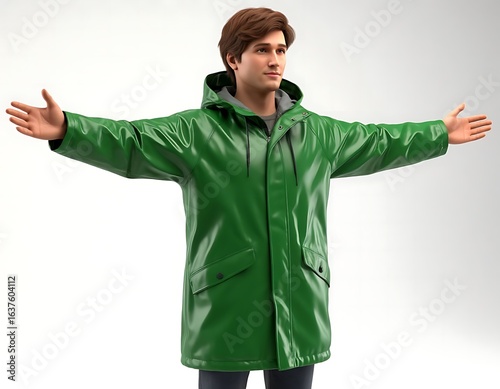 a man in a green raincoat on a white background, arms outstretched, brown hair, cartoon, 3d,