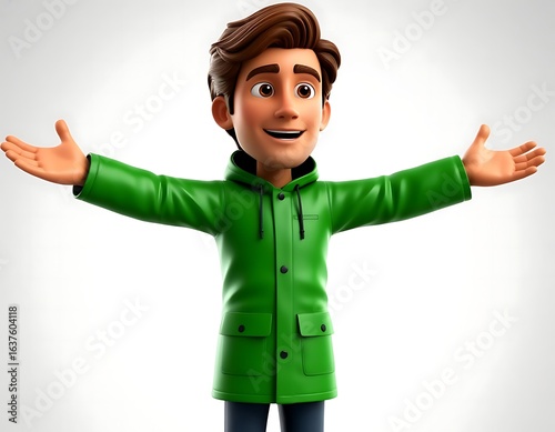 a man in a green raincoat on a white background, arms outstretched, brown hair, cartoon, 3d,