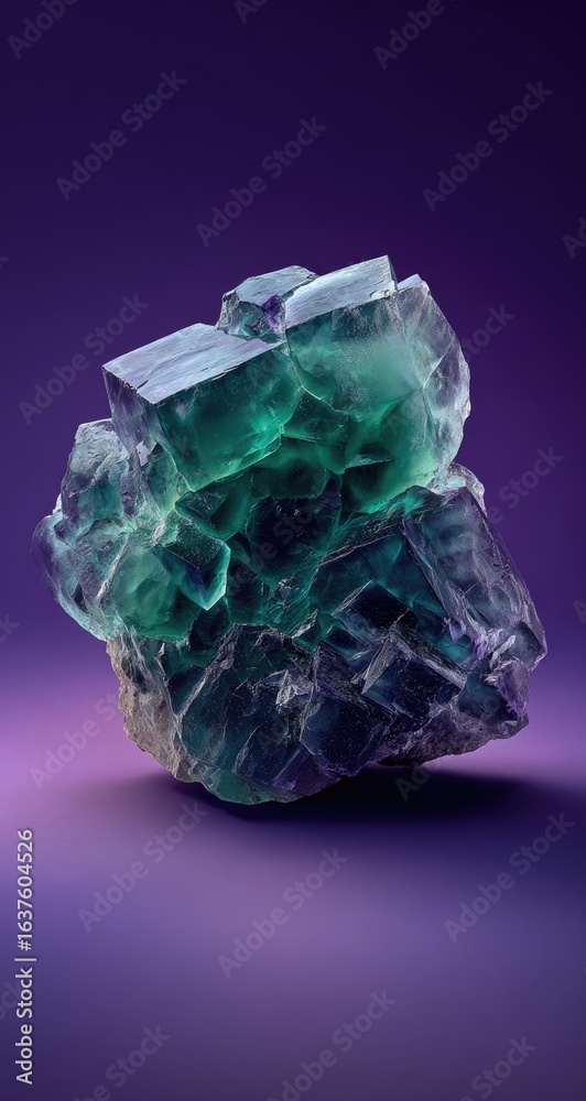 Fototapeta premium Emerald green crystal cluster on purple backdrop