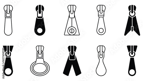 Zipper Puller Icon Set Vector in Minimalist Outline Style