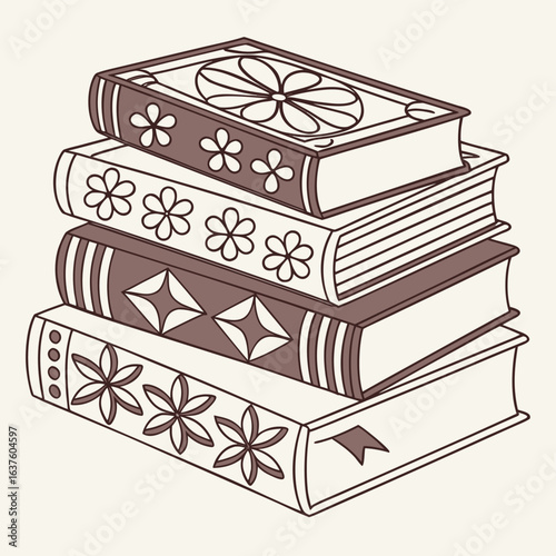 Vintage Book Stack: A charming stack of vintage books, illustrated with delicate floral and geometric patterns, evoking the timeless beauty of literature and the allure of reading.