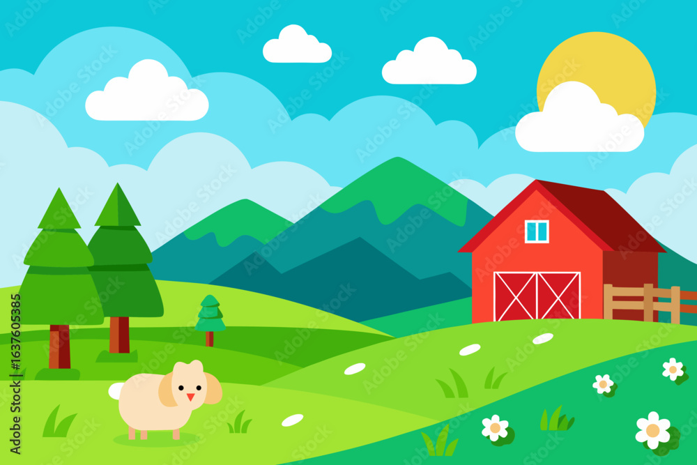 Cartoon vector illustration of a peaceful rural landscape with a farm, houses, and green hills under a summer sky Cartoon vector illustration of a peaceful rural landscape with a farm, houses, and green hills under a summer sky