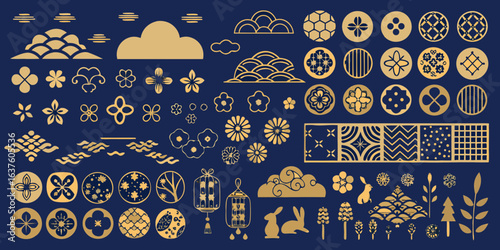 Collection of japanese inspired gold graphic elements on a dark blue background