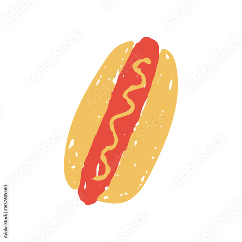 Hand Drawn Hot Dog Icon. Fun Fast Food Vector illustration with mustard in a crayon and chalk sketch style with grunge texture for playful menu and cafe art.