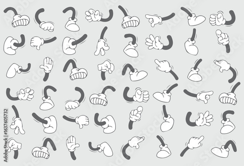vector file Retro cartoon legs and hands, Hands with gloves and feet with boots, various poses for characters, a set of poses, gestures, placement of hands and feet. Cartoon set of limbs. eps 