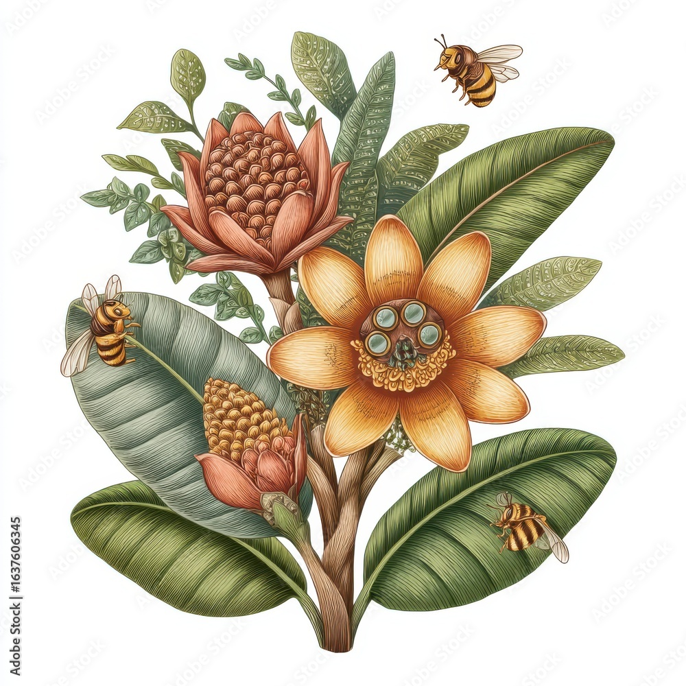 Obraz premium Detailed Botanical Illustration of Yellow and Orange Flowers with Honeybees