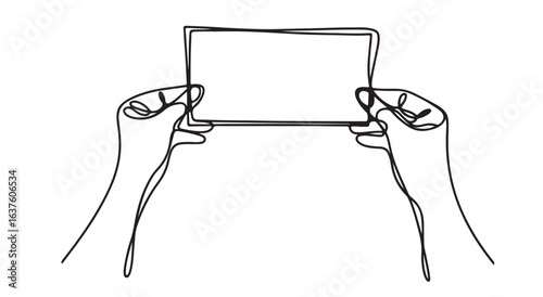 Hands holding a blank horizontal rectangle with continuous line art