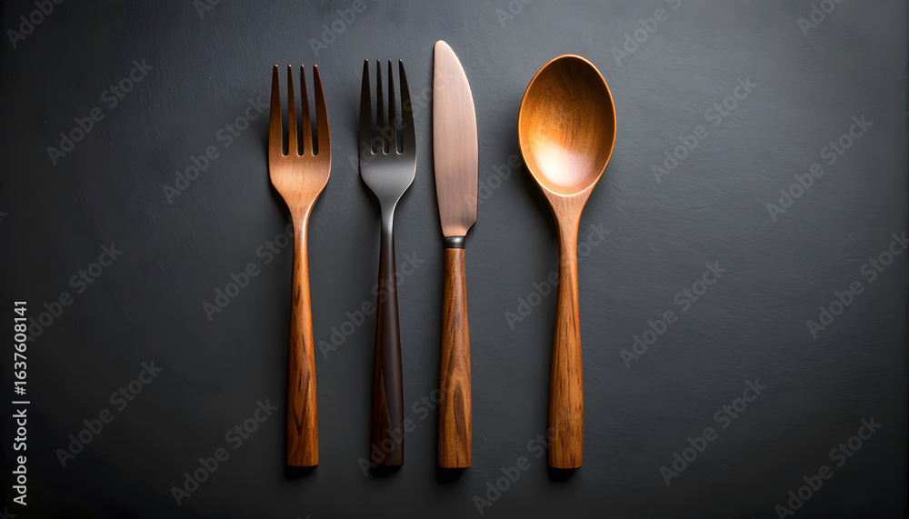 Wooden and Metal Flatware on Dark Surface Wooden and Metal Flatware on Dark Surface