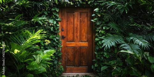 Secret garden door surrounded by lush foliage