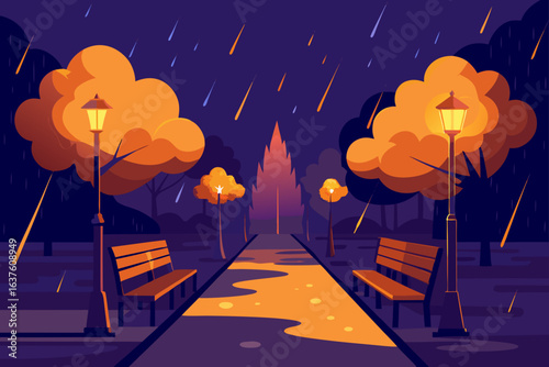 Rainy Night Park Romantic Pathway Autumn Mood