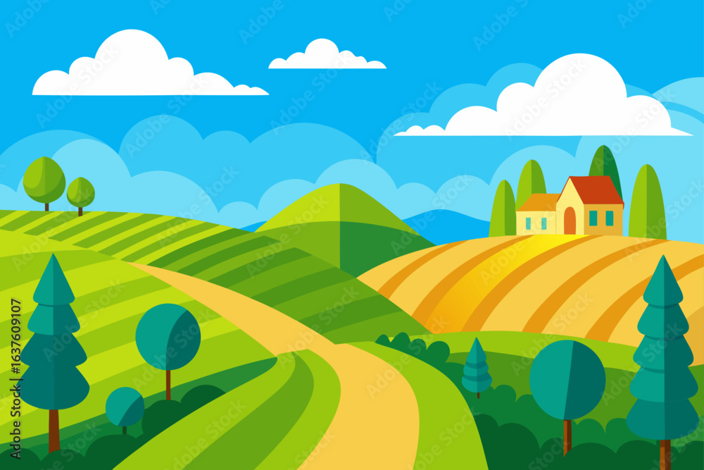 Naklejka premium Peaceful Countryside Landscape Illustration