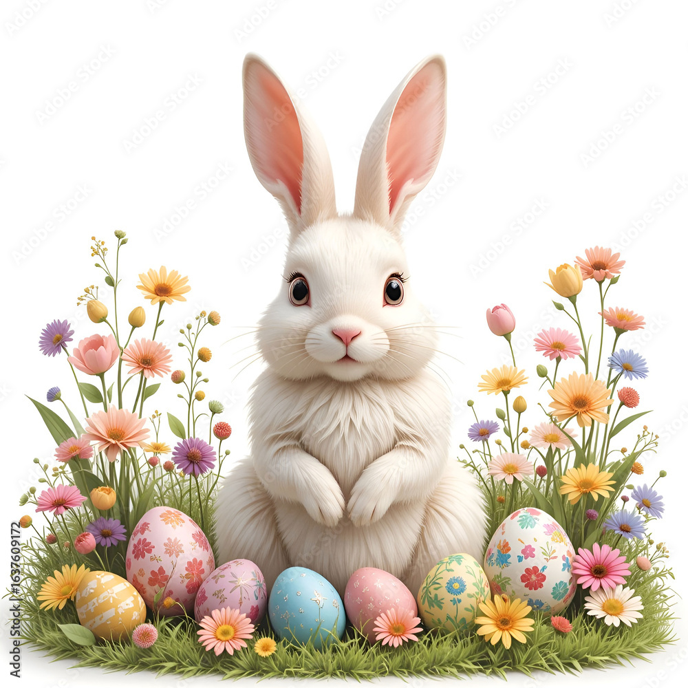 Fototapeta premium Easter bunny, colorful eggs, and spring flowers on a white folk-style background, celebrating joy.