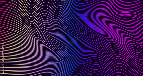 Neon waves. Abstract futuristic gradient background. Dynamic digital ripple. Sound wave effect. Used in tech design, music, background, web. Graphics, vector.