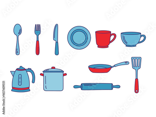 Kitchen Utensils in Array: A collection of diverse culinary tools, arranged in a visually appealing array with clean lines and vibrant hues, representing the essence of cooking and dining.