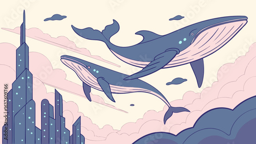 Flying whales over futuristic city surreal dreamscape illustration digital art drawing concept design
