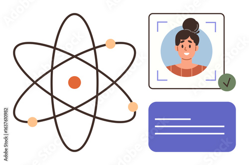 Atom model represents science while profile card with a face and verification mark symbolizes identity check. Ideal for technology, authentication, innovation, education, security, research, abstract